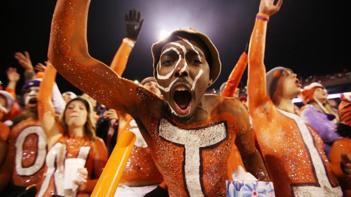 Clemson Tigers fans celebrate after a touchdown in the second half at Memorial Stadium in Clemson, S.C., against the South Carolina Gamecocks.