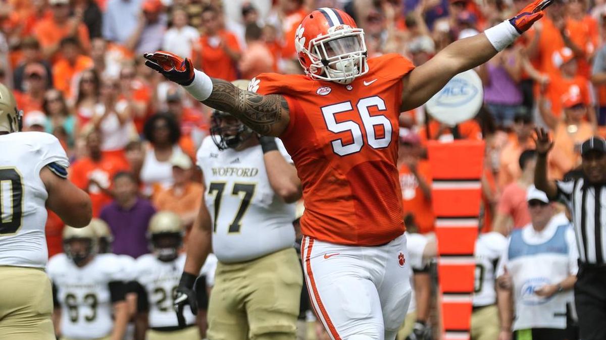 Clemson’s Scott Pagano celebrates a stop on defense during a win over Wofford on September 5, 2015.