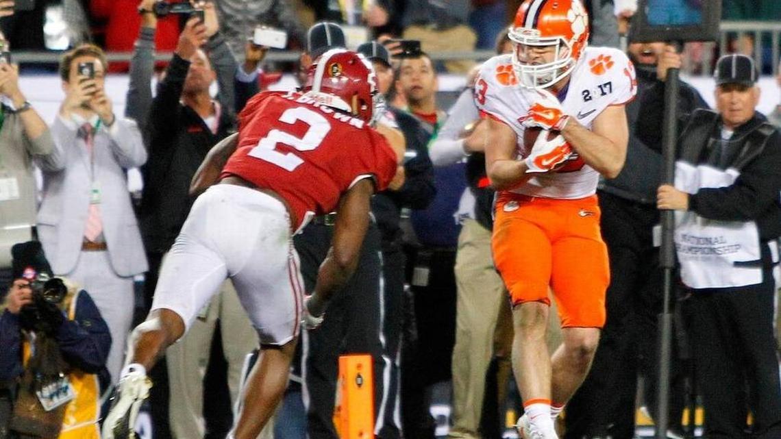 Clemson Tigers wide receiver Hunter Renfrow (13) scores the winning touchdown of the National Championship at Raymond James Stadium Jan. 9, 2017.