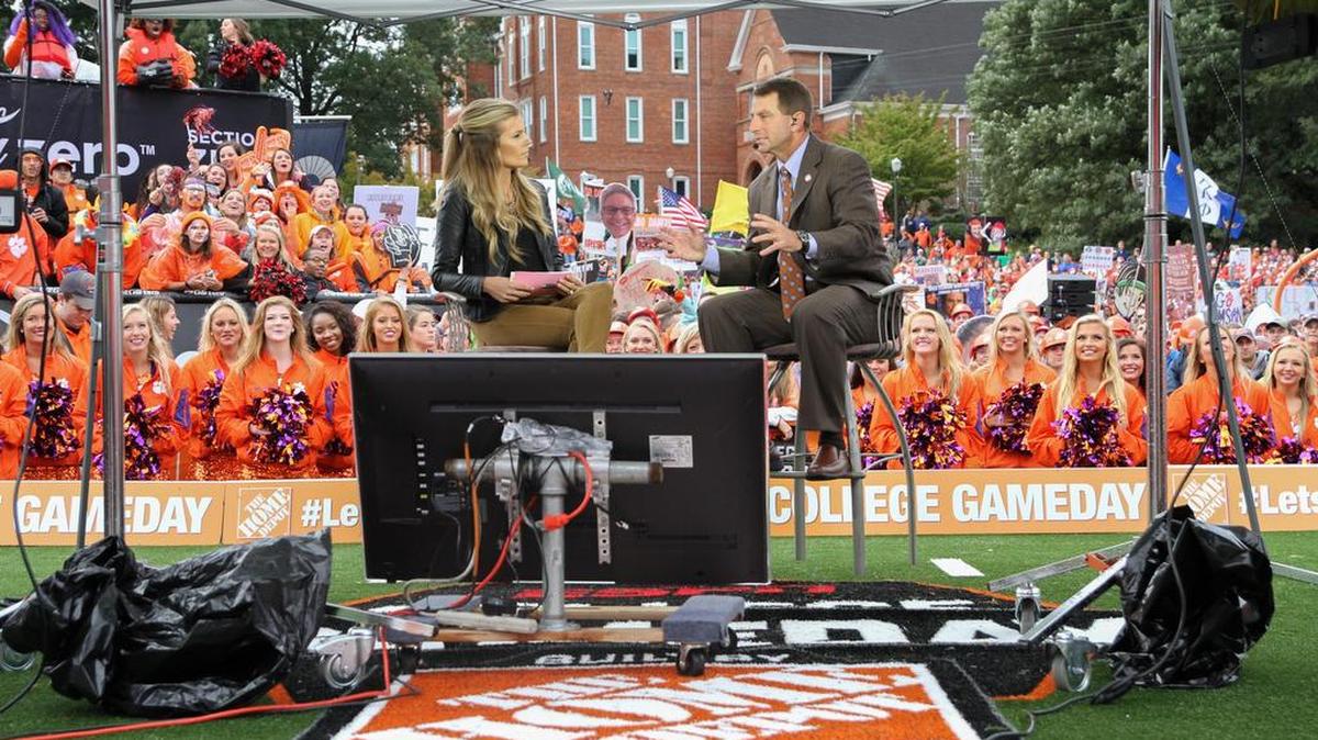 
Clemson head coach Dabo Swinney talks with ESPN’s Samantha Ponder during College Game Day on Bowman Field prior to the game against the Notre Dame.
