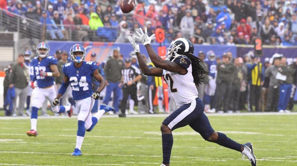 Los Angeles Rams wide receiver Sammy Watkins (12) just hangs on to a touchdown reception in the 1st half against the New York Giants at MetLife Stadium.