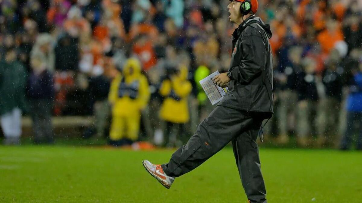 
Clemson coach Dabo Swinney reacts during the second half of the Tigers’ win over Notre Dame on Saturday.

