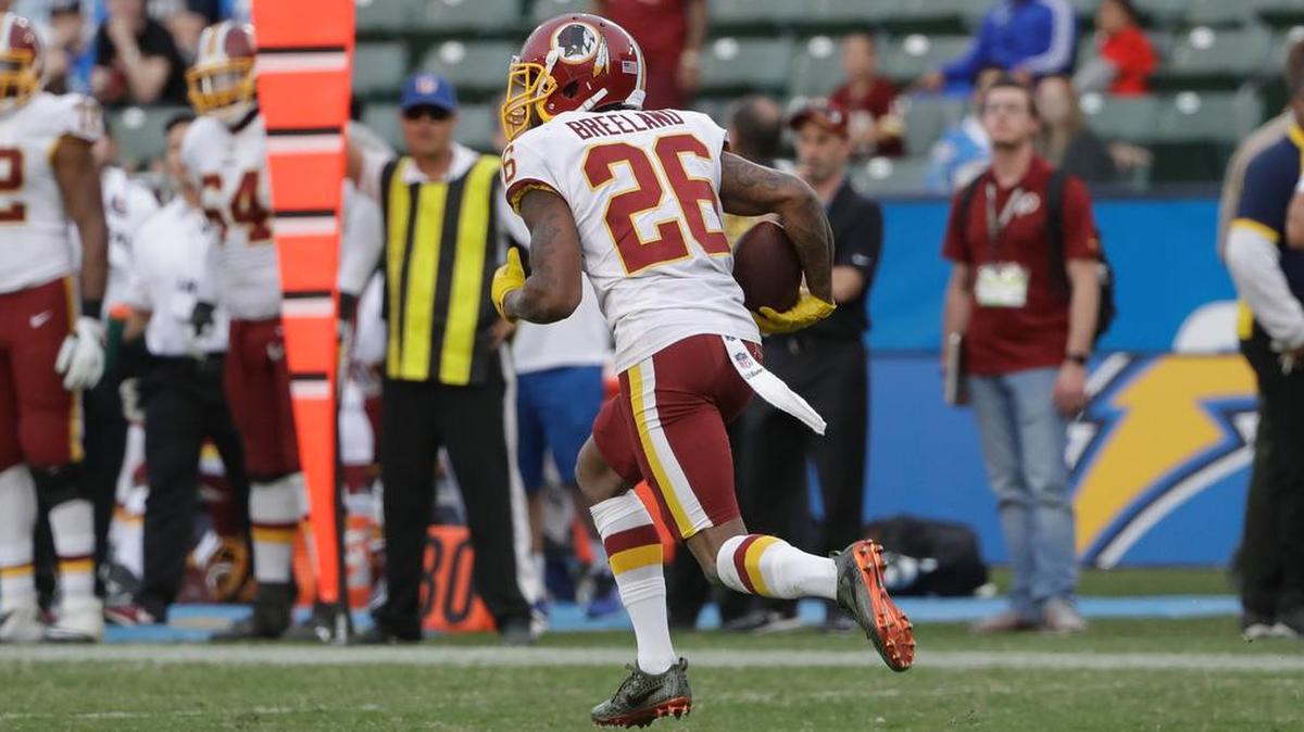 Washington Redskins cornerback Bashaud Breeland grabs an interception on his way to scoring a touchdown during the second half of an NFL football game against the Los Angeles Chargers, Sunday, Dec. 10, 2017, in Carson, Calif.