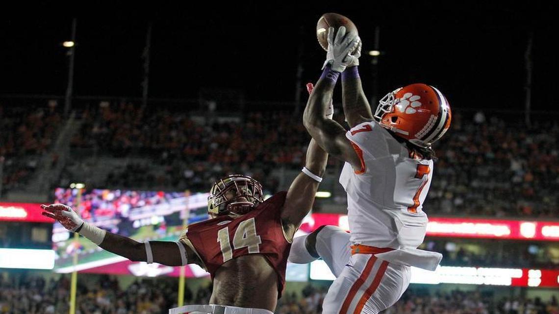 Clemson wide receiver Mike Williams (7) catches a touchdown over the defense of Boston College defensive back Gabriel McClary (14) on Friday night.
