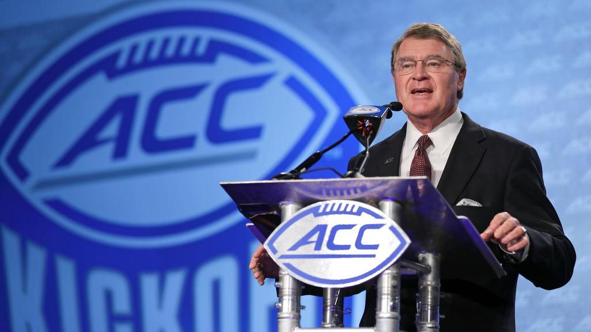 ACC Commissioner John Swofford speaks to the media during the Atlantic Coast Conference NCAA college football media day in Charlotte in July.