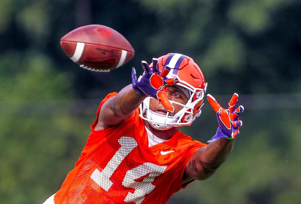 Clemson wide receiver Diondre Overton (14) during the Tigers’ football practice Thursday.