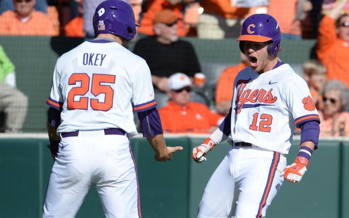 Clemson's Chris Okey, left, and Robert Jolly score against South Carolina on Sunday during Game 3 of the state rivalry series. Clemson won two out of three against USC.