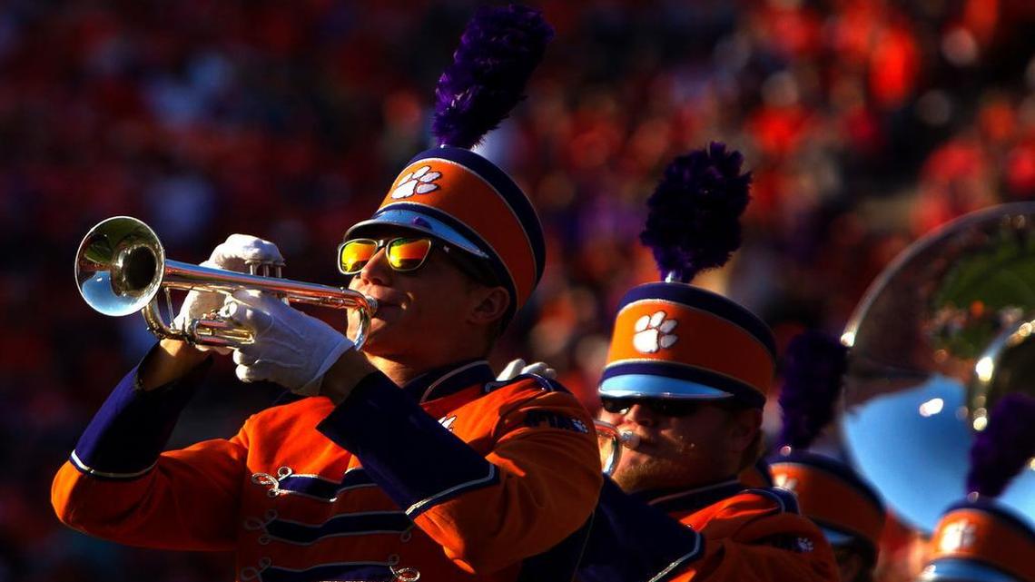 A member of the Clemson Tigers marching band performs