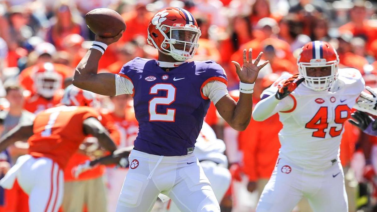 Clemson quarterback Kelly Bryant(2) throws near Clemson defensive end Richard Yeargin (49), during Clemson's NCAA spring game.