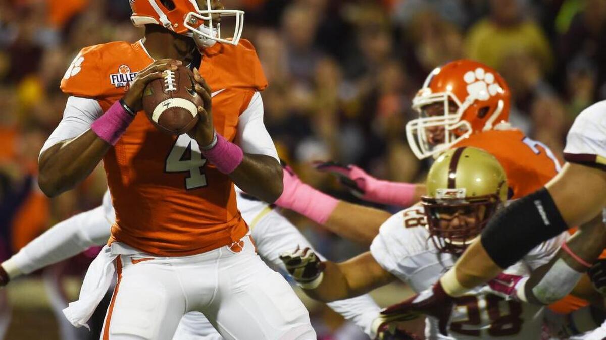 
Clemson quarterback Deshaun Watson (4) looks to throw a pass against Boston College during the first half of Saturday’s game in Clemson.
