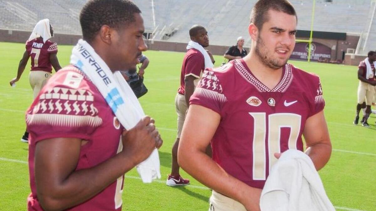 
Florida State quarterbacks Everett Golson, left, and Sean Maguire await their team photo in Tallahassee, Fla.
