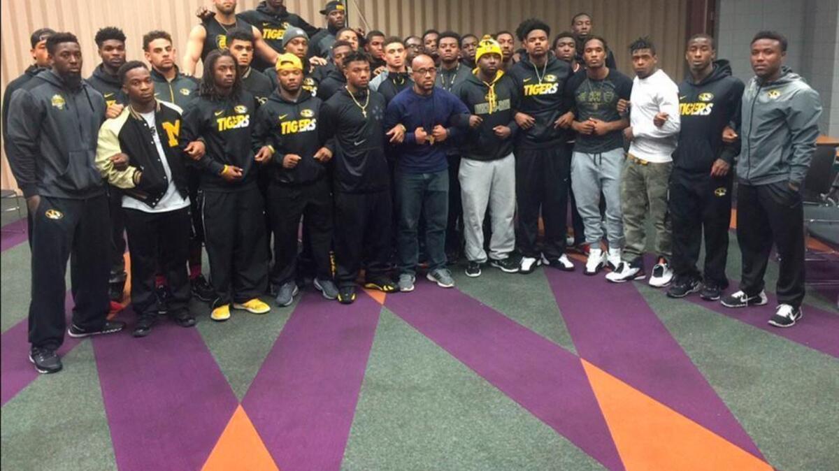 Missouri sophomore safety Anthony Sherrils on Saturday tweeted that the team’s black players had gone on strike, vowing not to play again until MU system President Tim Wolfe resigns or is removed from his position. He also tweeted this photo.