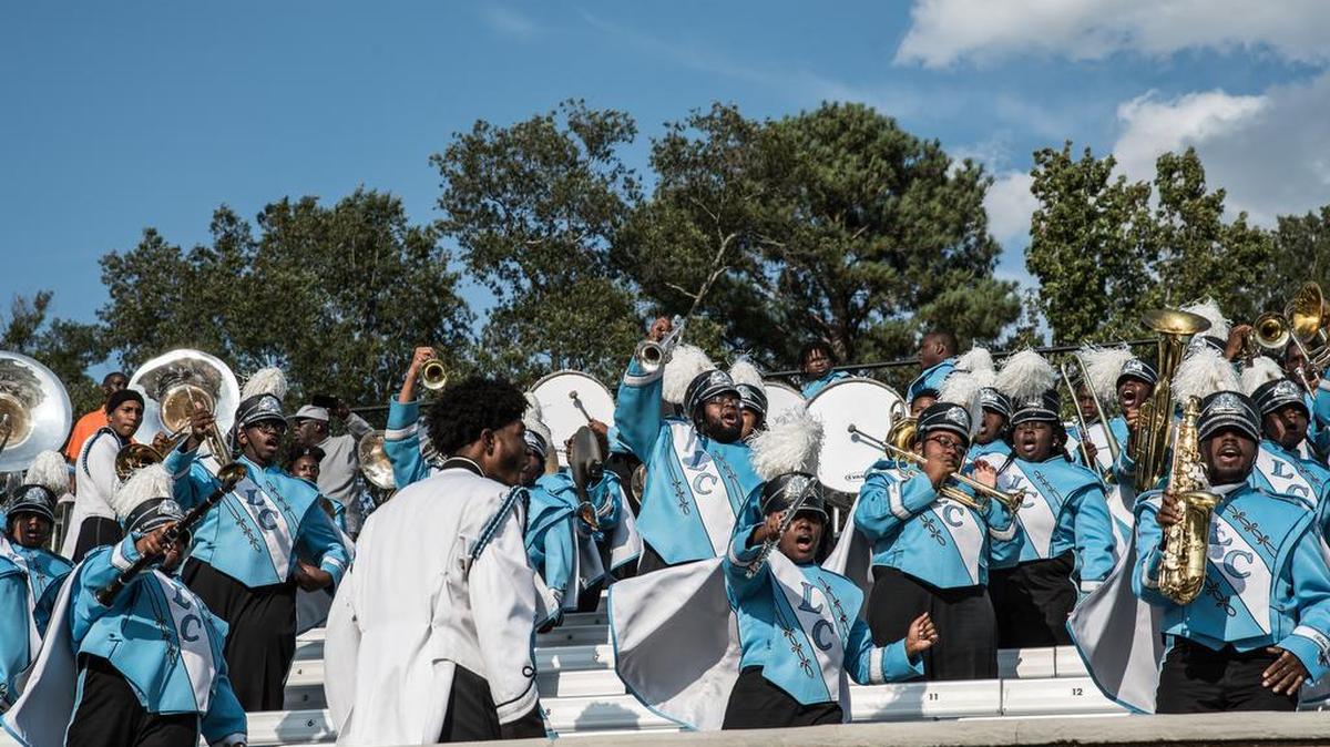 The Livingstone College Marching Band responds during a friendly back and forth music battle with the Benedict College Marching Band during the Capital City Classic. William McNeil Jr. is member of Blue Thunder Marching Band.