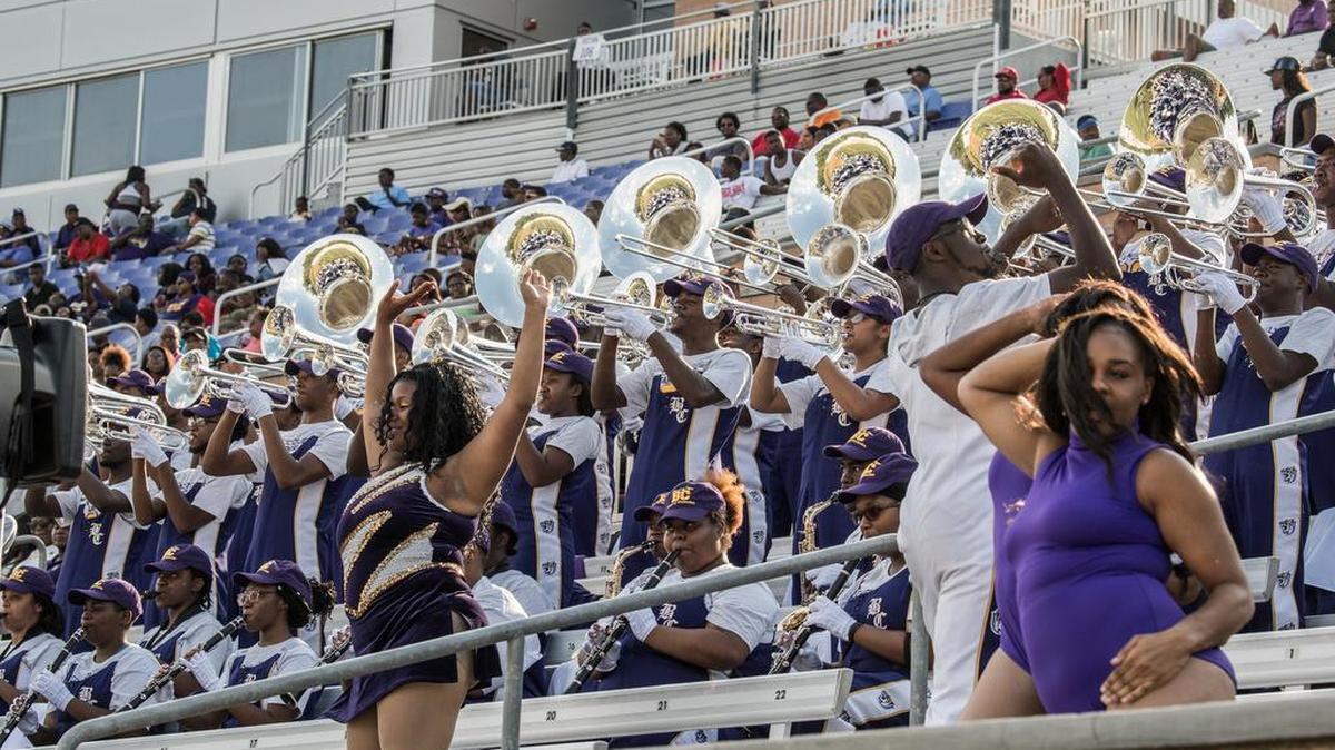 The Benedict College Marching Band responds during a friendly back and forth music battle with the Livingstone College Marching Band during the Capital City Classic.
