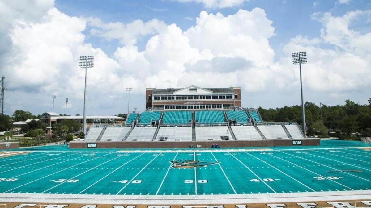 
Brooks Stadium with its signature teal turf awaits the first game of the season at Coastal Carolina University.
