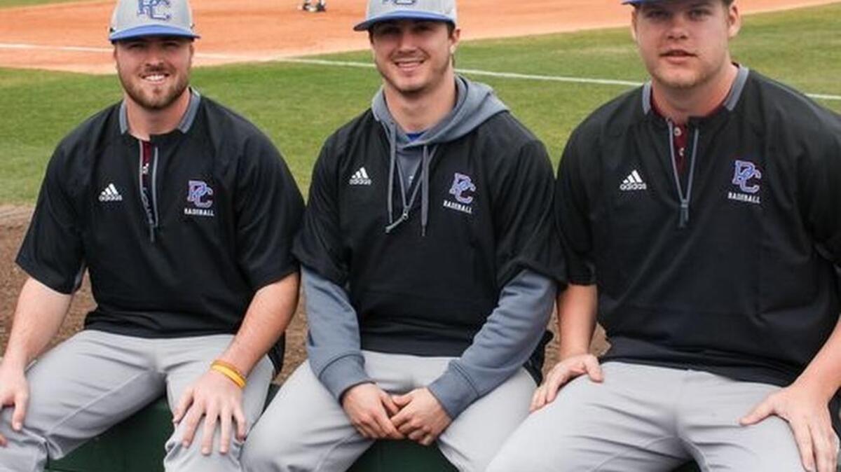 Presbyterian College pitchers, from left, Aaron Lesiak, Trey Hayes and Russ Thompson were identified as bone marrow donor matches after being among about 180 Blue Hose athletes to register through the Project Life Movement program. Typically, one in 540 registrants is found to be a match, according to Be The Match, a national bone marrow donation program.