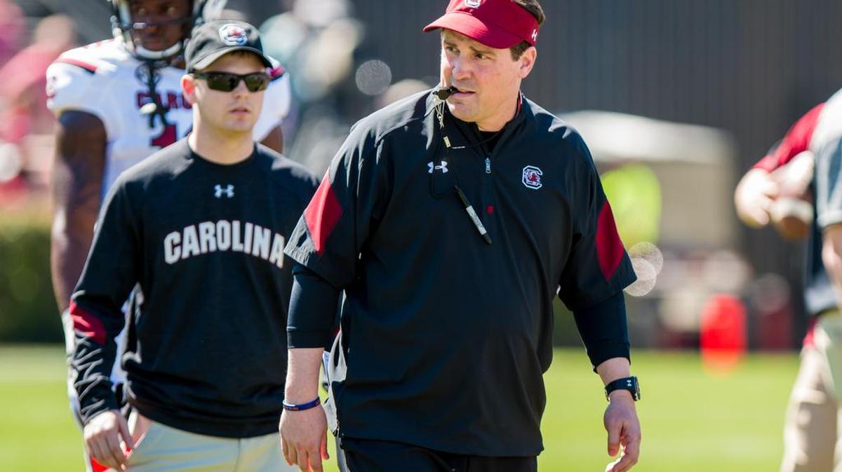 South Carolina Gamecocks coach Will Muschamp directs his team before the USC Spring Game at Williams-Brice Stadium.
