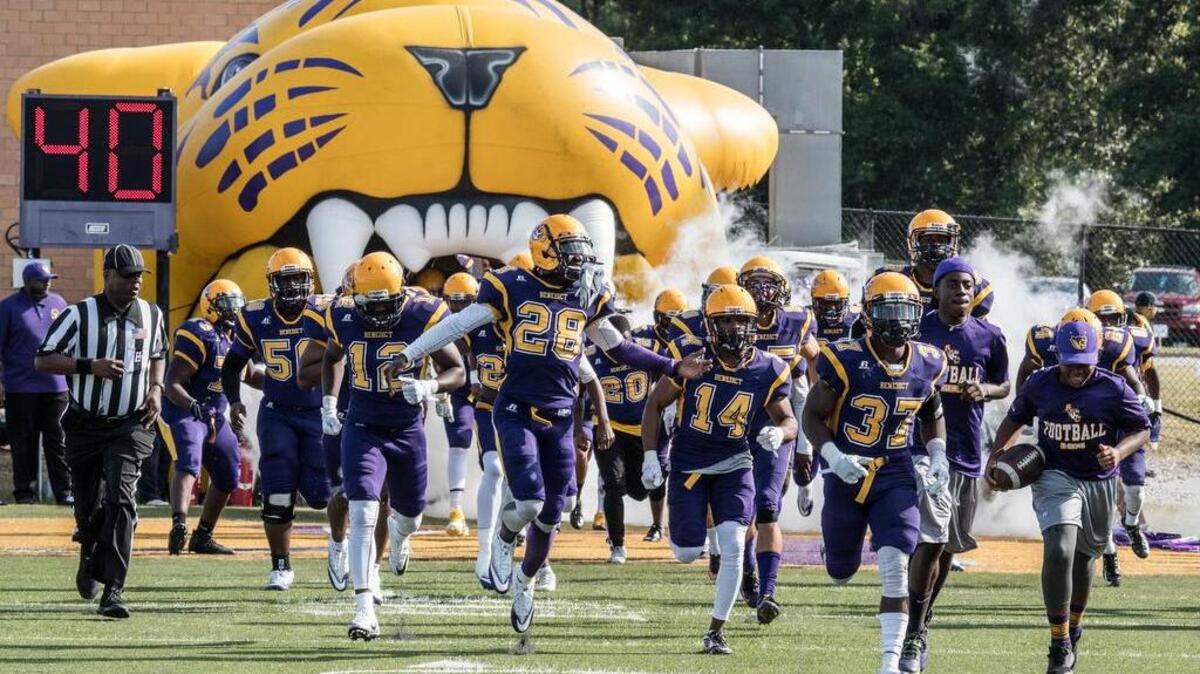 The Benedict College Tiger football team takes the field before the kick off of their Capital City Classic football game against the Livingstone College Blue Bears.