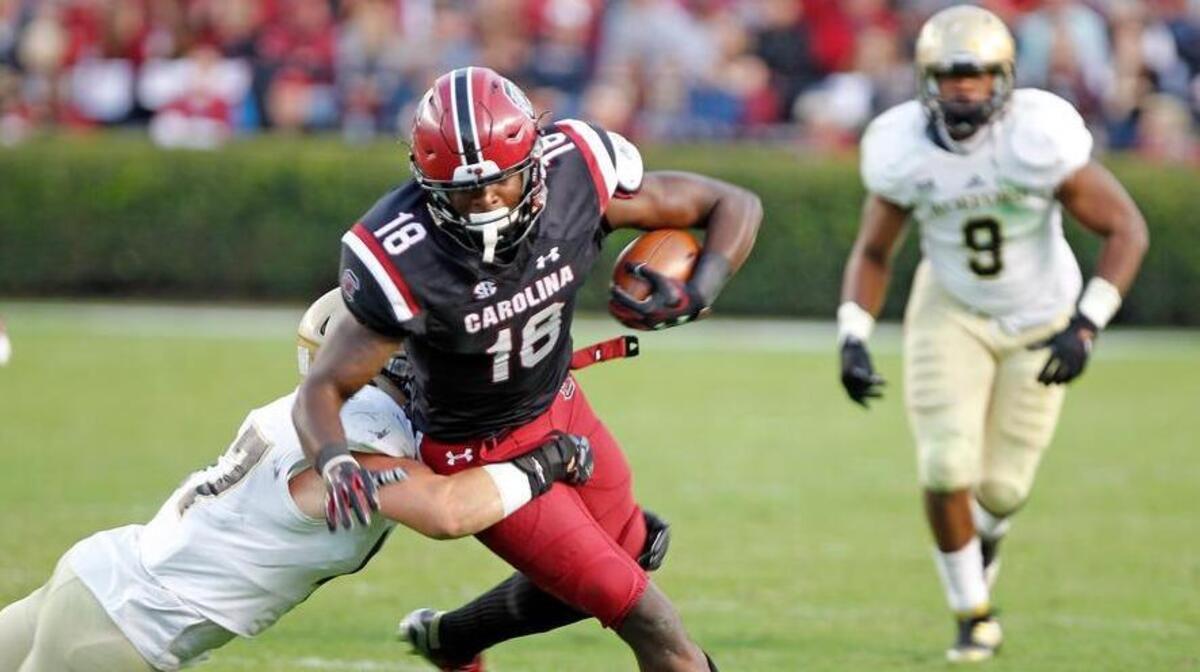 Wofford players converge on South Carolina receiver OrTre Smith this past season.