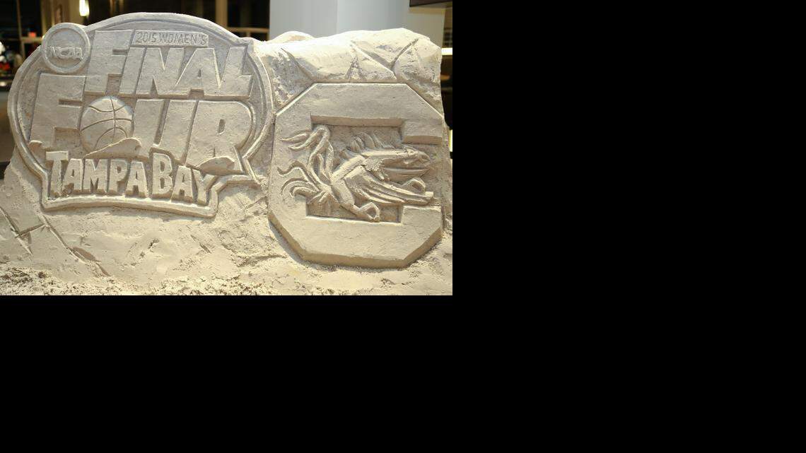 
A sand sculpture sits in the entry of the Grand Hyatt hotel in Tampa, where the USC Gamecock women's basketball team is staying.
