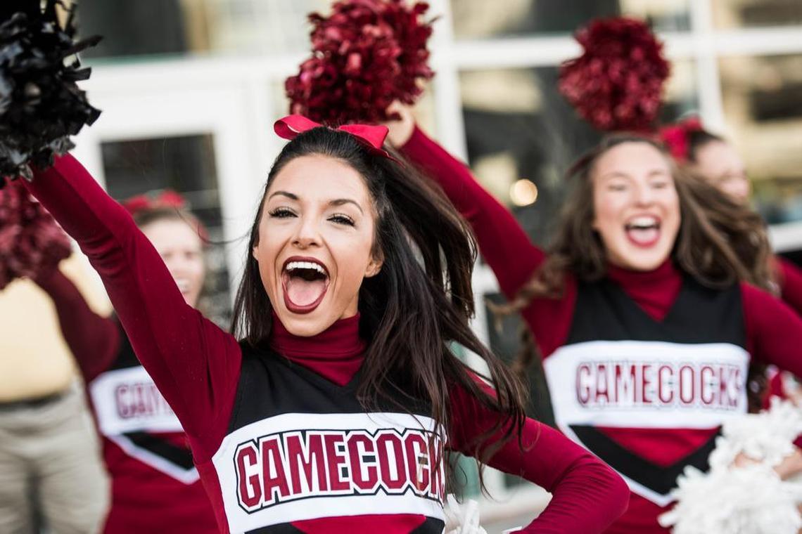 South Carolina cheerleaders entertain the crowd Tuesday evening during a prep rally at Colonial Life Arena on March 21, 2017, in Columbia, S.C. The men’s team will play on Friday at 7:29 p.m. against Baylor and the women’s team will take on Quinnipac at 4 p.m. on Saturday.