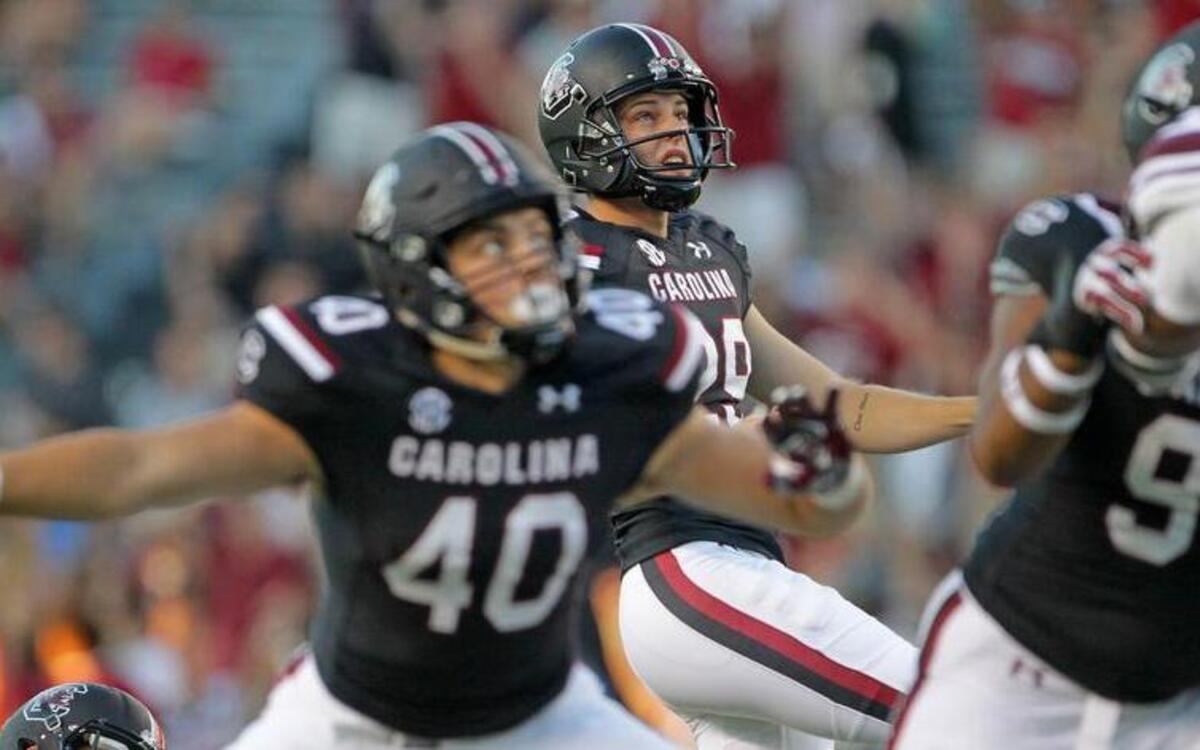 South Carolina Gamecocks place kicker Elliott Fry misses a field goal in the second half against Texas A&M at Williams-Brice Stadium.