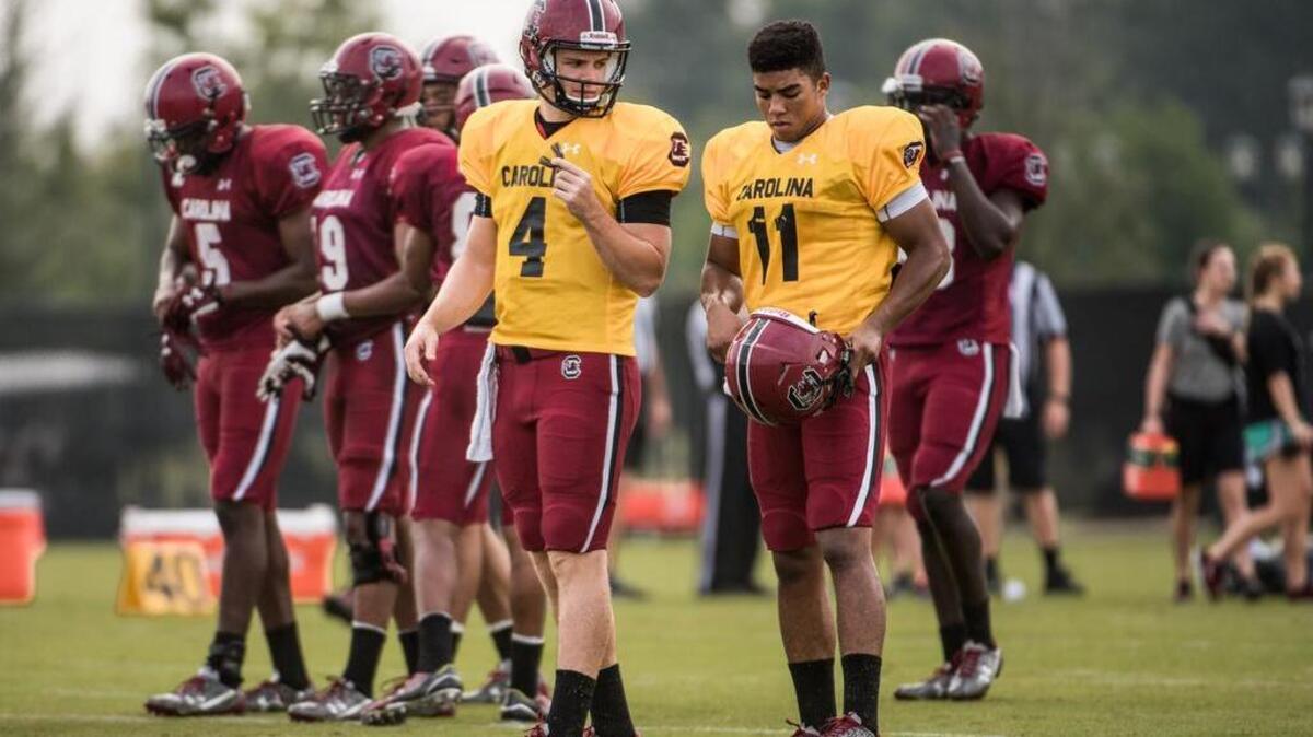 Gamecock quarterbacks Jake Bentley (4) and Brandon McIIwain (11) prepare for a drill during the first full day of practice with pads Saturday.