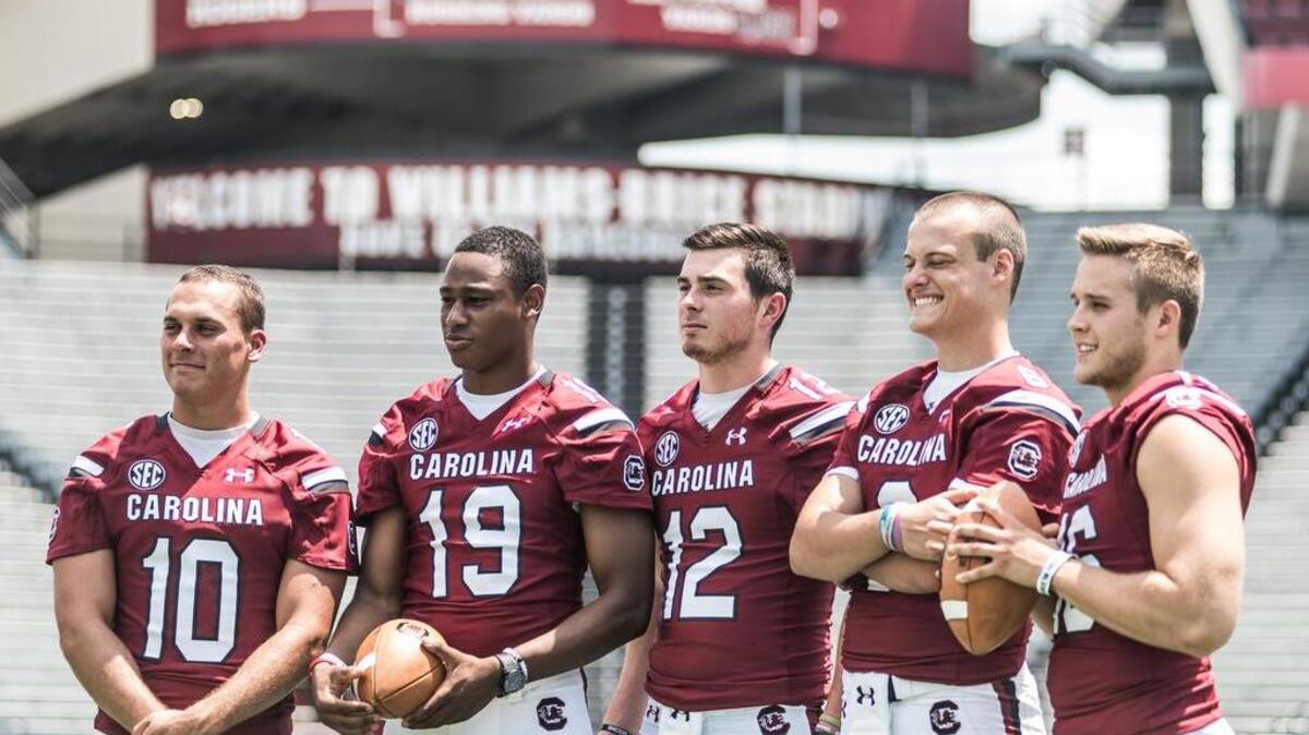 
Gamecock quarterbacks, from left, Perry Orth, Lorenzo Nunez, Michael Scarnecchia, Connor Mitch and Gage Pucci.
