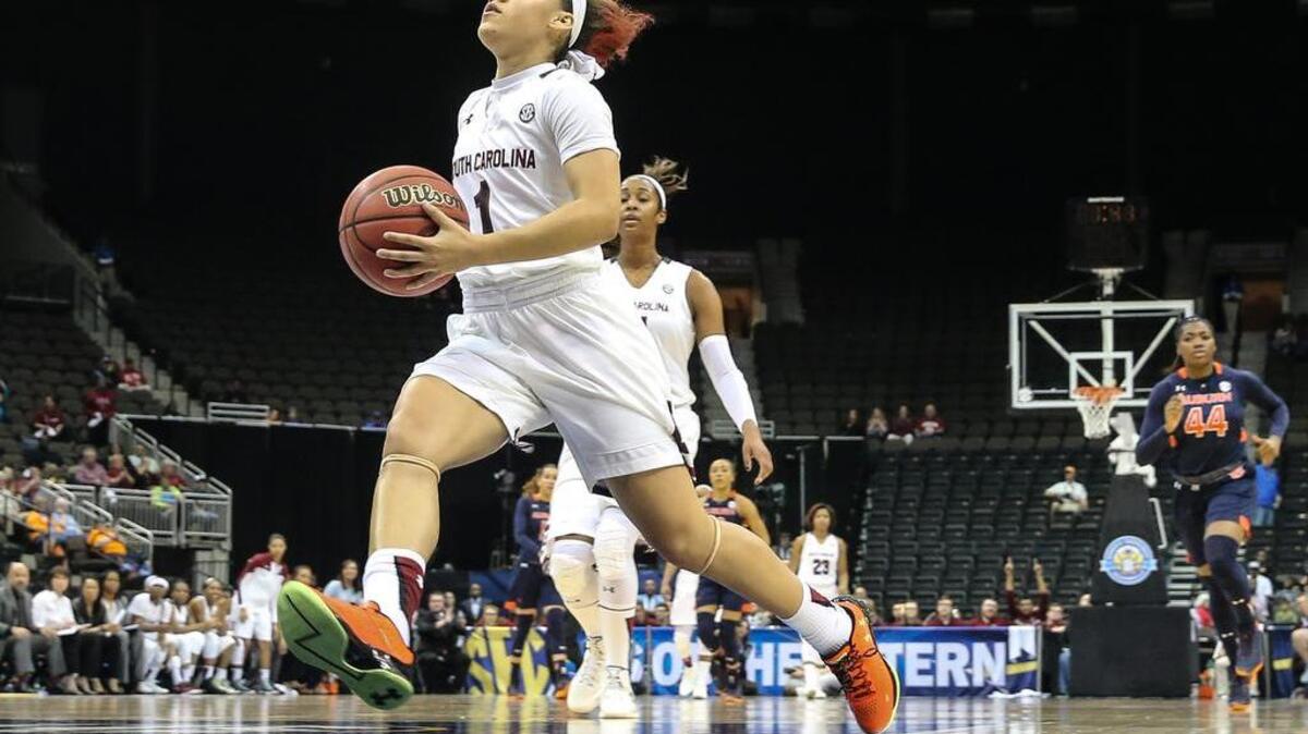 South Carolina guard Bianca Cuevas (1) drives on a break-away layup against Auburn during an NCAA college basketball game in the Southeastern Conference women's tournament in Jacksonville, Fla.