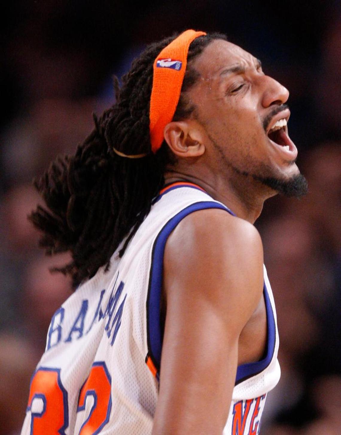 Renaldo Balkman, a former South Carolina star then playing for the New York Knicks, reacts to a foul call during the 2007 season in a game played at Madison Square Garden in New York.