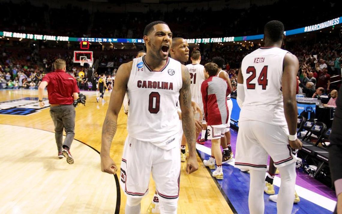 South Carolina guard Sindarius Thornwell (0) celebrates the NCAA tournament win over Marquette at Bon Secours Wellness Arena in Greenville on March 17.