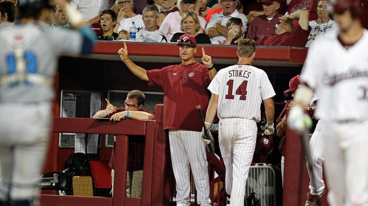 South Carolina's Sammy Esposito took over for Chad Holbrook after his ejection during the Gamecocks game against Rhode Island Friday at Founders Park in the NCAA Baseball Tournament's Columbia Regional.