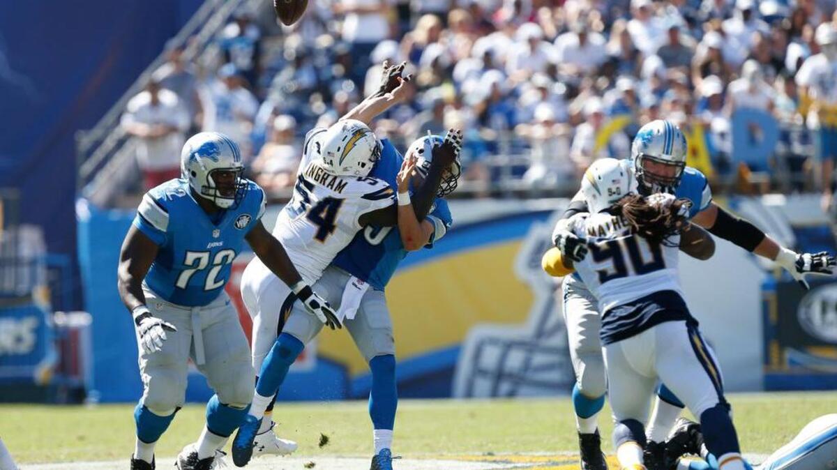 
San Diego outside linebacker Melvin Ingram hits Detroit quarterback Matthew Stafford on Sunday.
