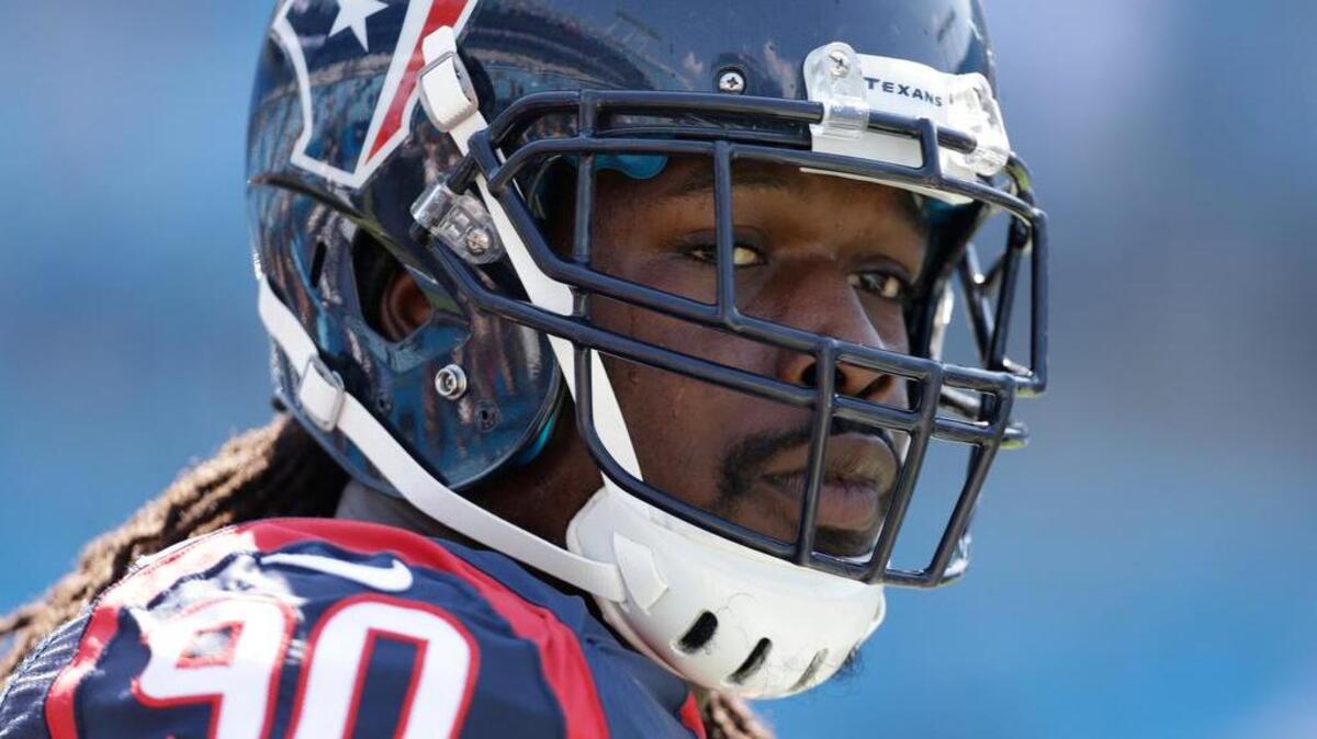 
Houston Texans' Jadeveon Clowney warms up before an NFL football game against the Carolina Panthers in Charlotte, N.C., Sunday, Sept. 20, 2015.
