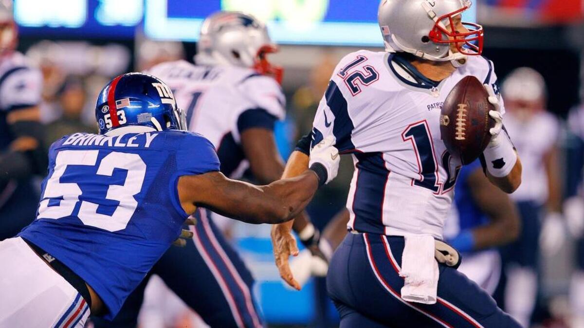 Jasper Brinkley strip-sacked Tom Brady in the Patriots’ comeback win on Sunday.