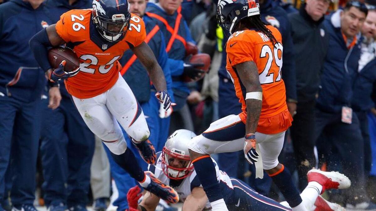 Denver free safety Darian Stewart intercepted Tom Brady on Sunday. He left the game with a knee injury but is hopeful to play in Super Bowl 50.