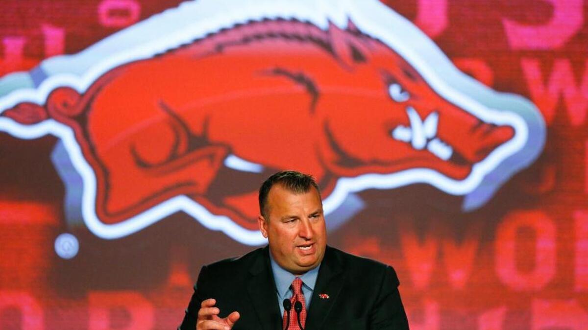 Arkansas coach Bret Bielema speaks to the media at the Southeastern Conference NCAA college football media days Wednesday in Hoover, Ala.