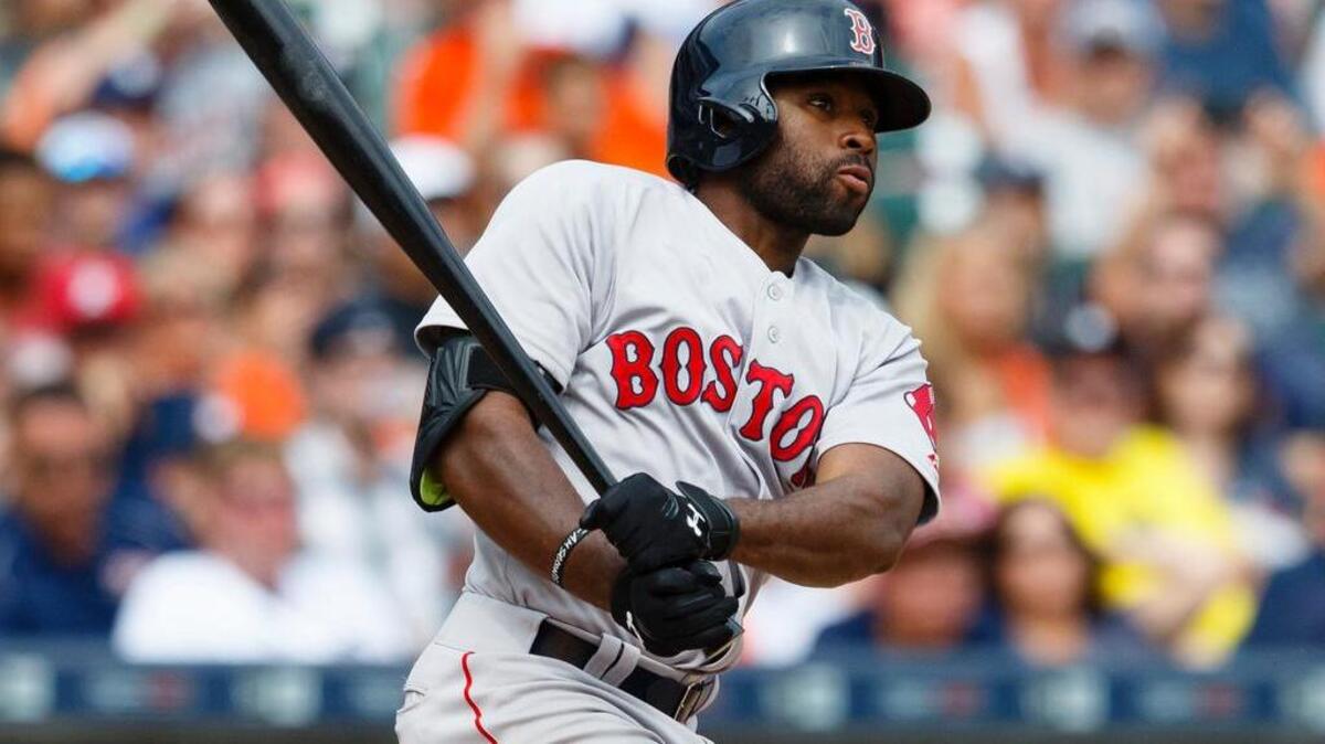 
Boston Red Sox center fielder Jackie Bradley Jr. (25) hits a three RBI triple in the eighth inning Sunday against the Detroit Tigers at Comerica Park. 
