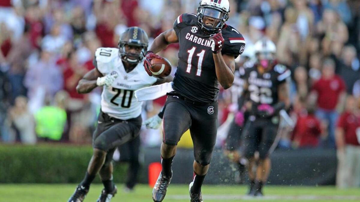 
South Carolina wide receiver Pharoh Cooper scores a touchdown on a catch in the second half.
