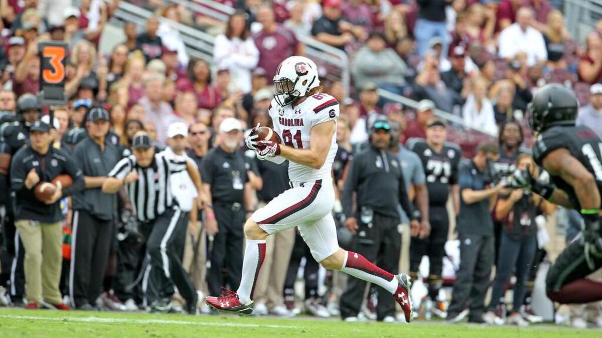 South Carolina receiver Hayden Hurst (81) races down the sidelines after a catch against Texas A&M.