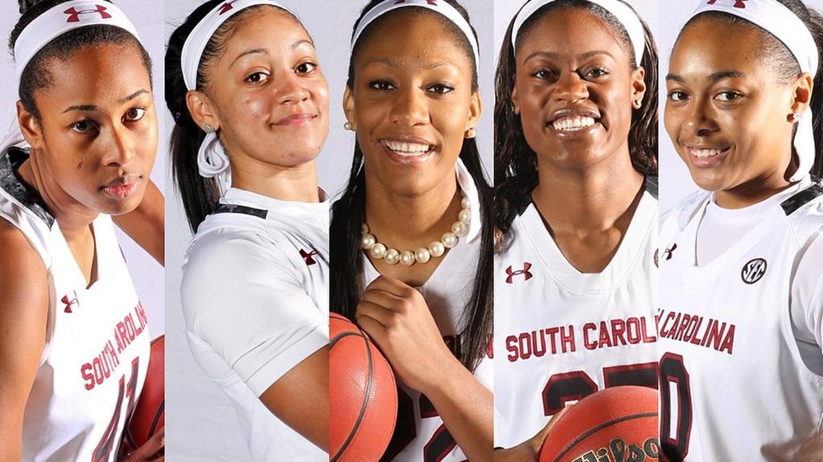 From left: Alaina Coates, Bianca Cuevas, A’ja Wilson, Kaela Davis, Allisha Gray
