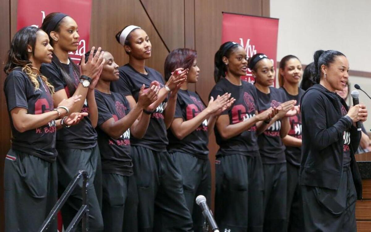 Coach Dawn Staley and members of the Gamecocks talk with fans during a pep rally Monday at the USC Alumni Center. The team leaves Wednesday for the SEC tournament in Jacksonville, Fla.