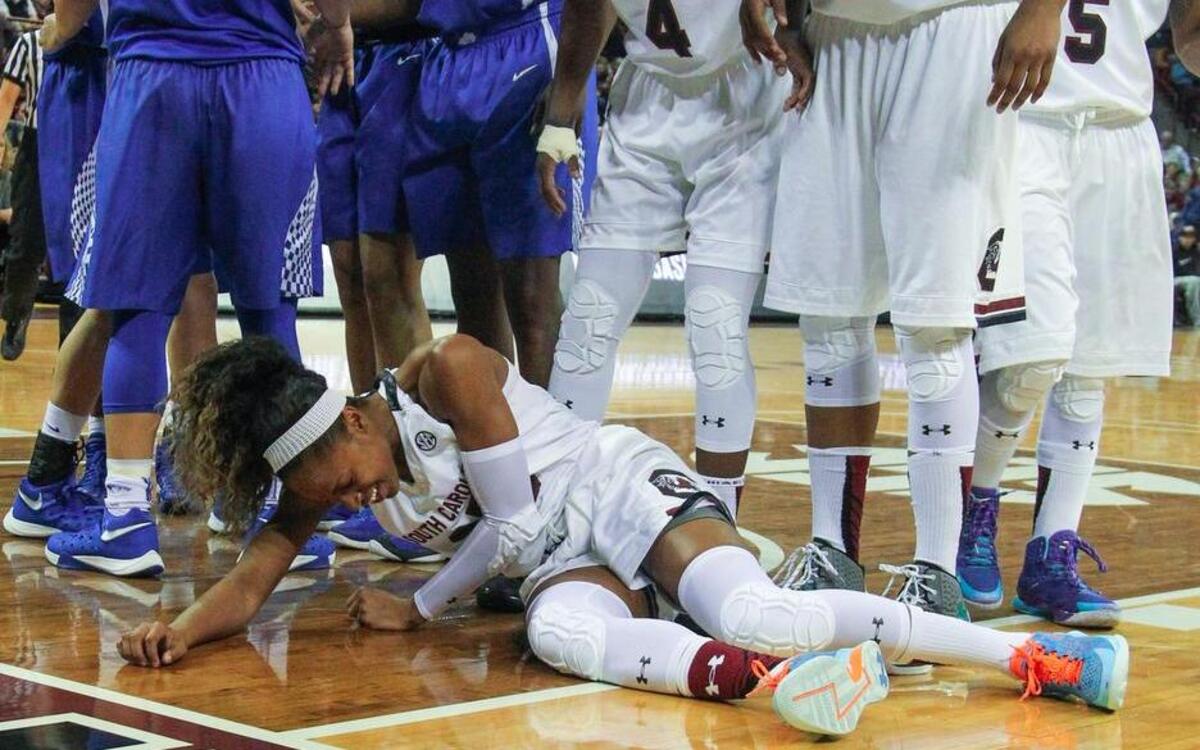 Tiffany Mitchell grimaces after a hard fall against Kentucky in February. The two meet for the third time this season in Saturday’s SEC tournament semifinal.
