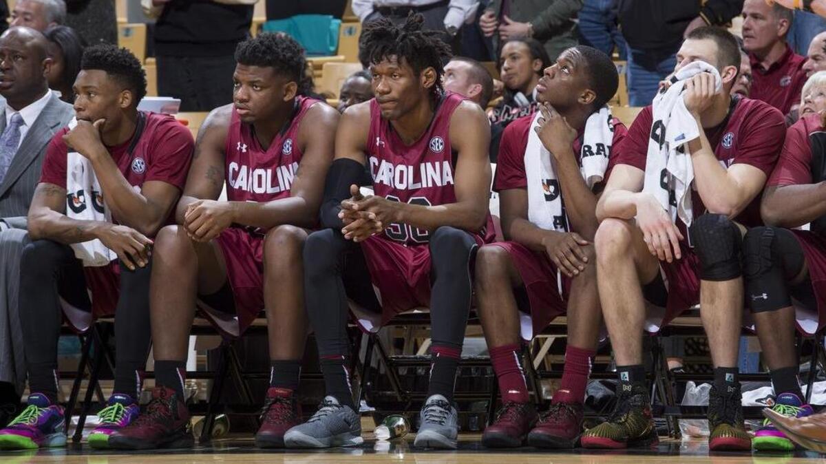 South Carolina players watch the game from the bench late during the second half against Missouri.