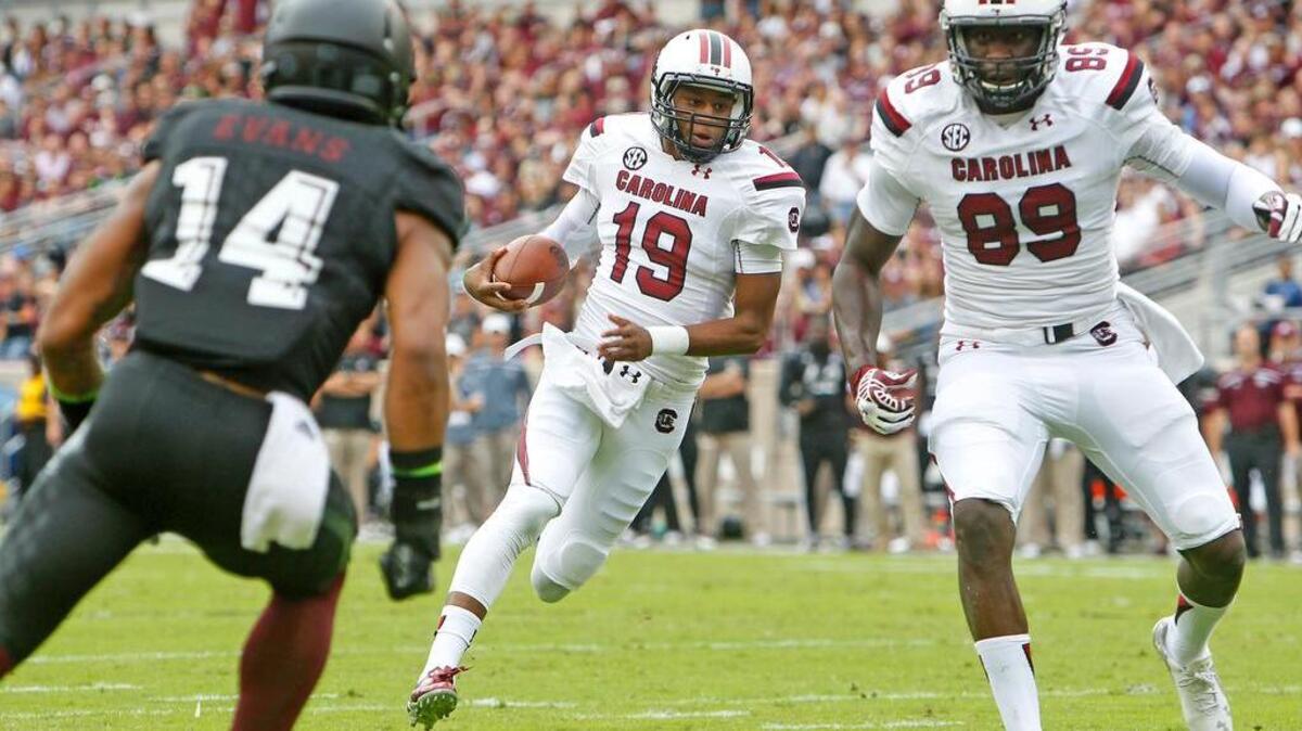 South Carolina Gamecocks quarterback Lorenzo Nunez (19) scores a touchdown against Texas A&M.