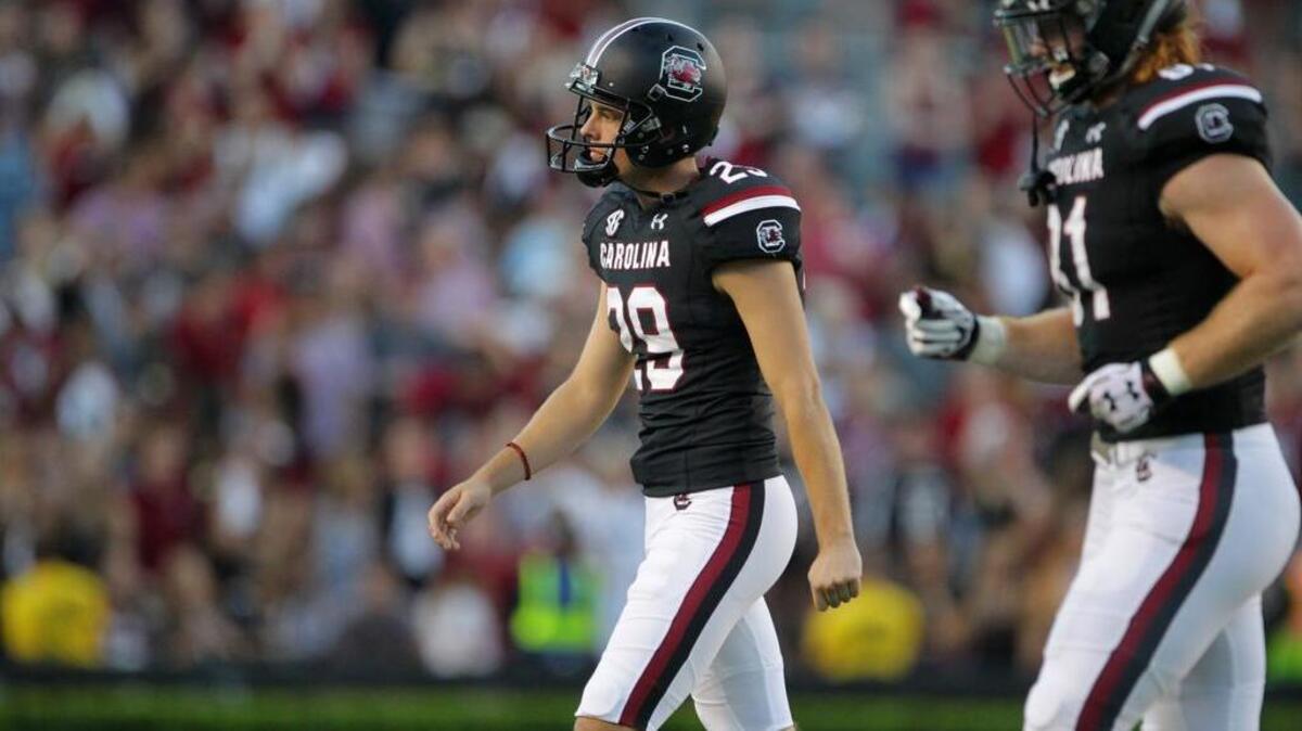 South Carolina Gamecocks place kicker Elliott Fry reacts after missing a field goal in the second half against Texas A&M at Williams-Brice Stadium on Saturday. He had two misses and the USC special teams had a bad day.