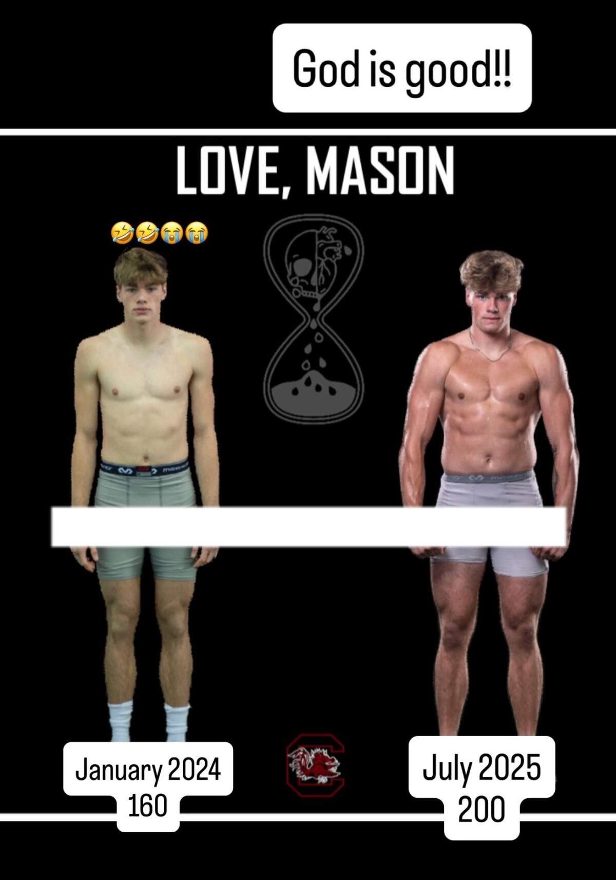 South Carolina punter/kicker Mason Love posted a picture of his weight gain during his time with the Gamecocks during July 2025.