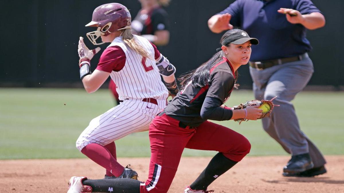 Florida State's Morgan Klaevemann takes second base as South Carolina shortstop Krystan White defends Saturday at Carolina Softball Stadium at Beckham Field.