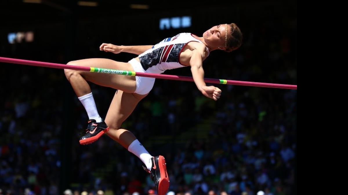 
USC’s Jeannelle Scheper clears the bar en route to winning the high jump during the NCAA track and field championships Saturday.
