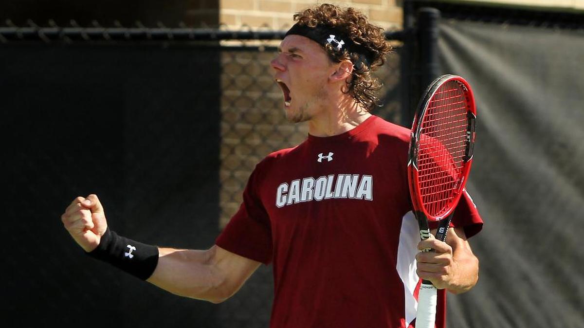 South Carolina’s Sam Swank celebrates a point during doubles against Arkansas in the SEC Men’s Tennis Tournament on Thursday.